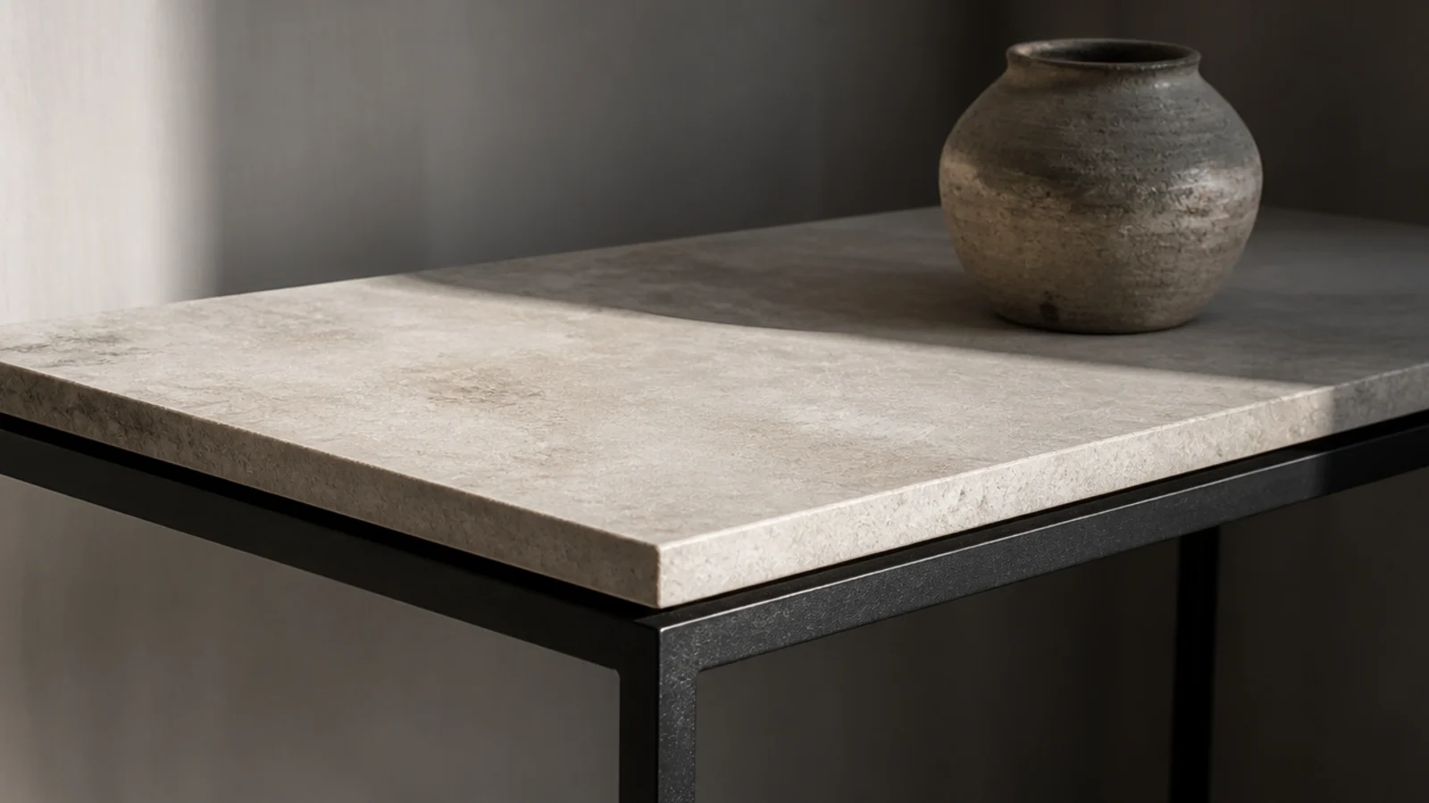pale stone slab top resting on a fine black steel media base