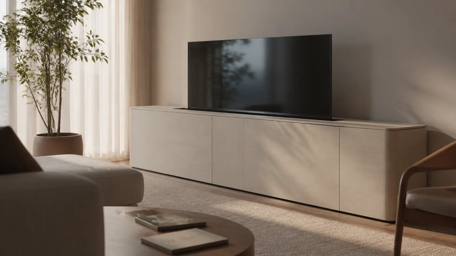 long sideboard with a slot in the top where a screen retracts