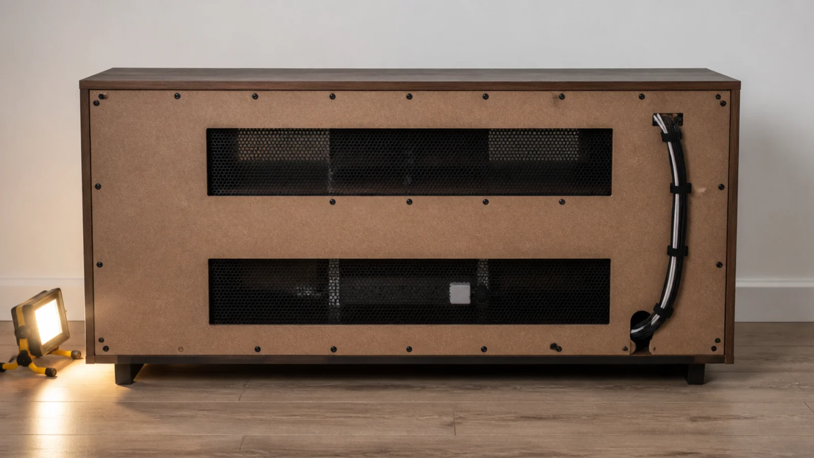 rear view of a cabinet back panel with cut vent openings and mesh