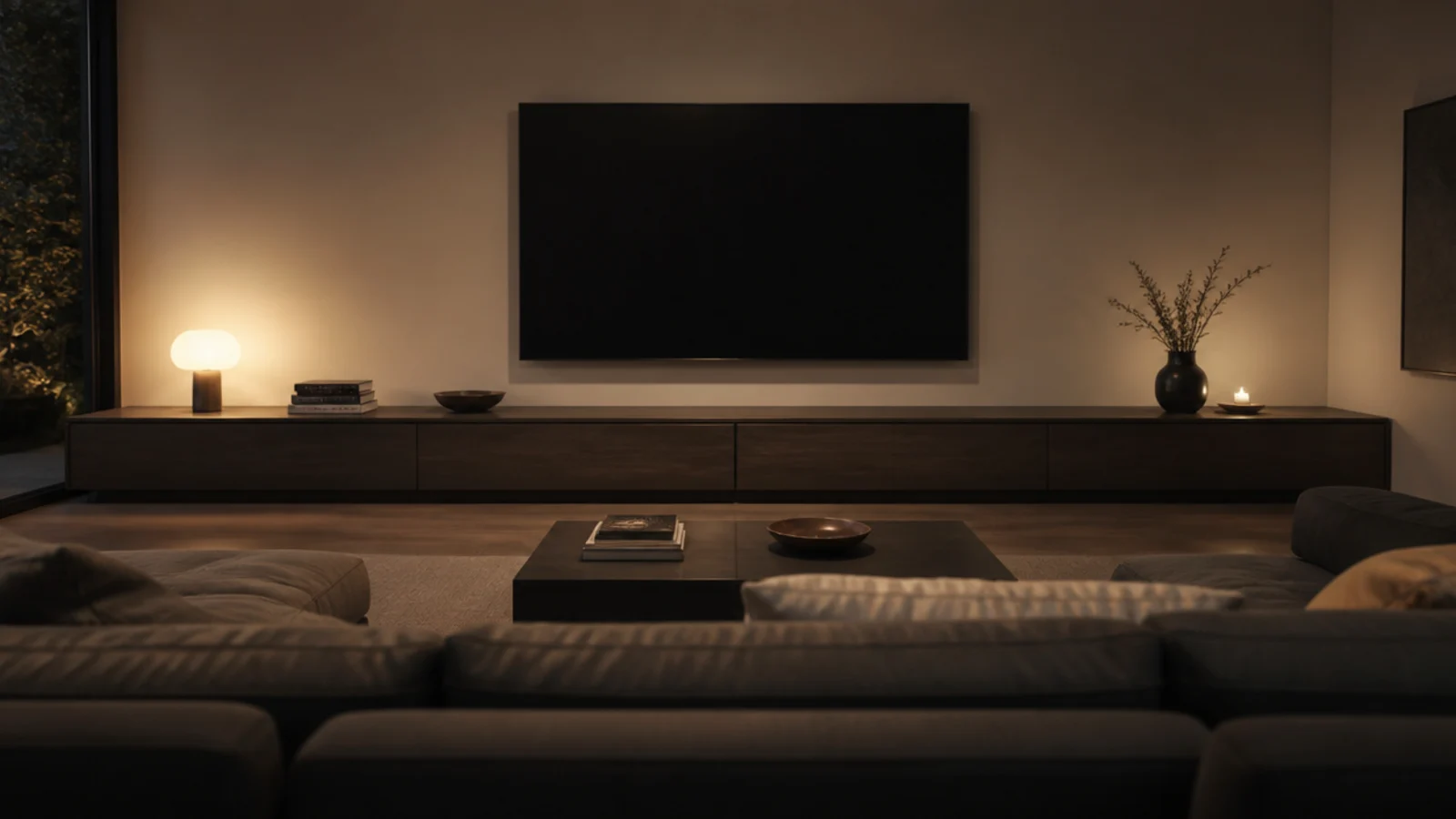 long media run stretching well beyond a very large mounted television