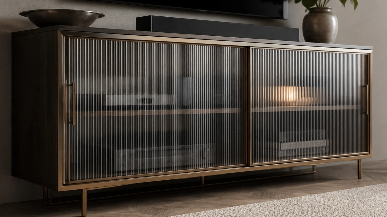 reeded glass doors blurring the devices stored behind them