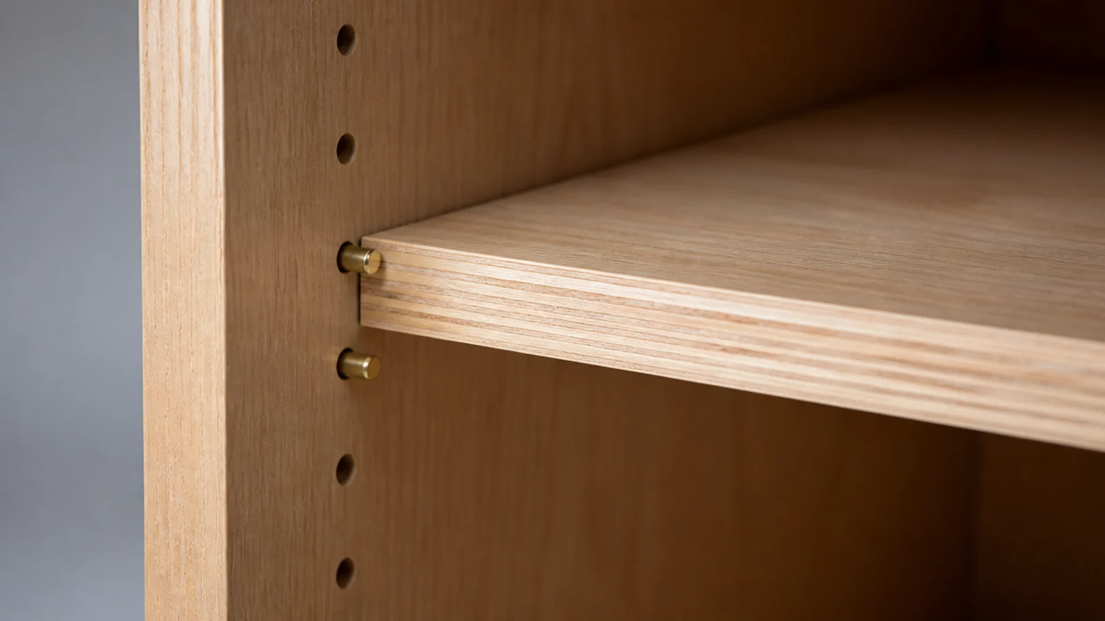 row of drilled shelf pin holes inside a modern media cabinet side