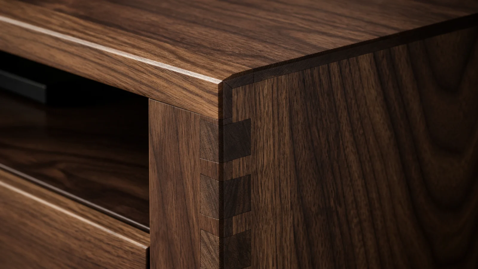 thick solid timber media cabinet with visible joinery at the corner