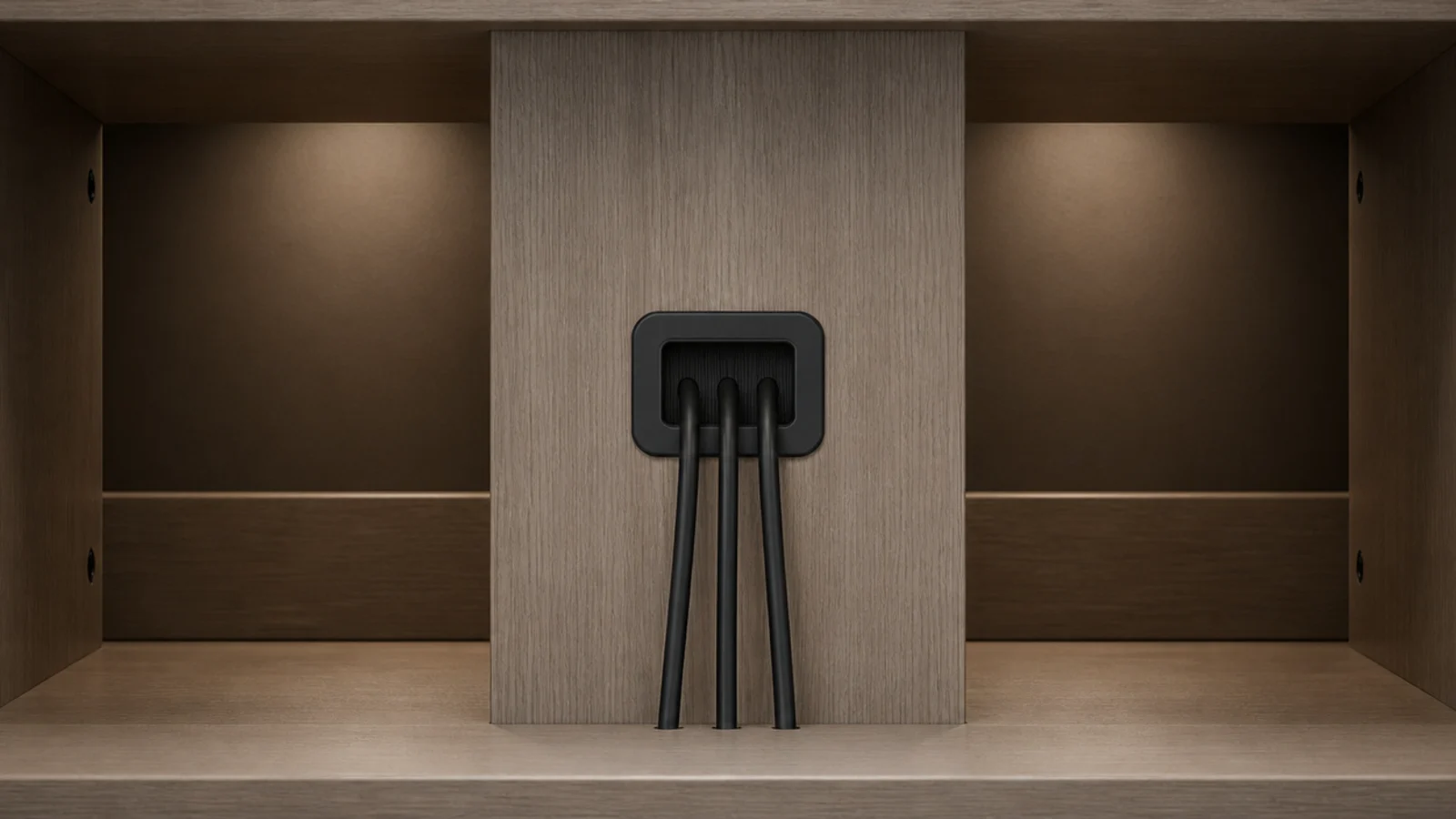 factory cut cable port in a cabinet panel with cables running through