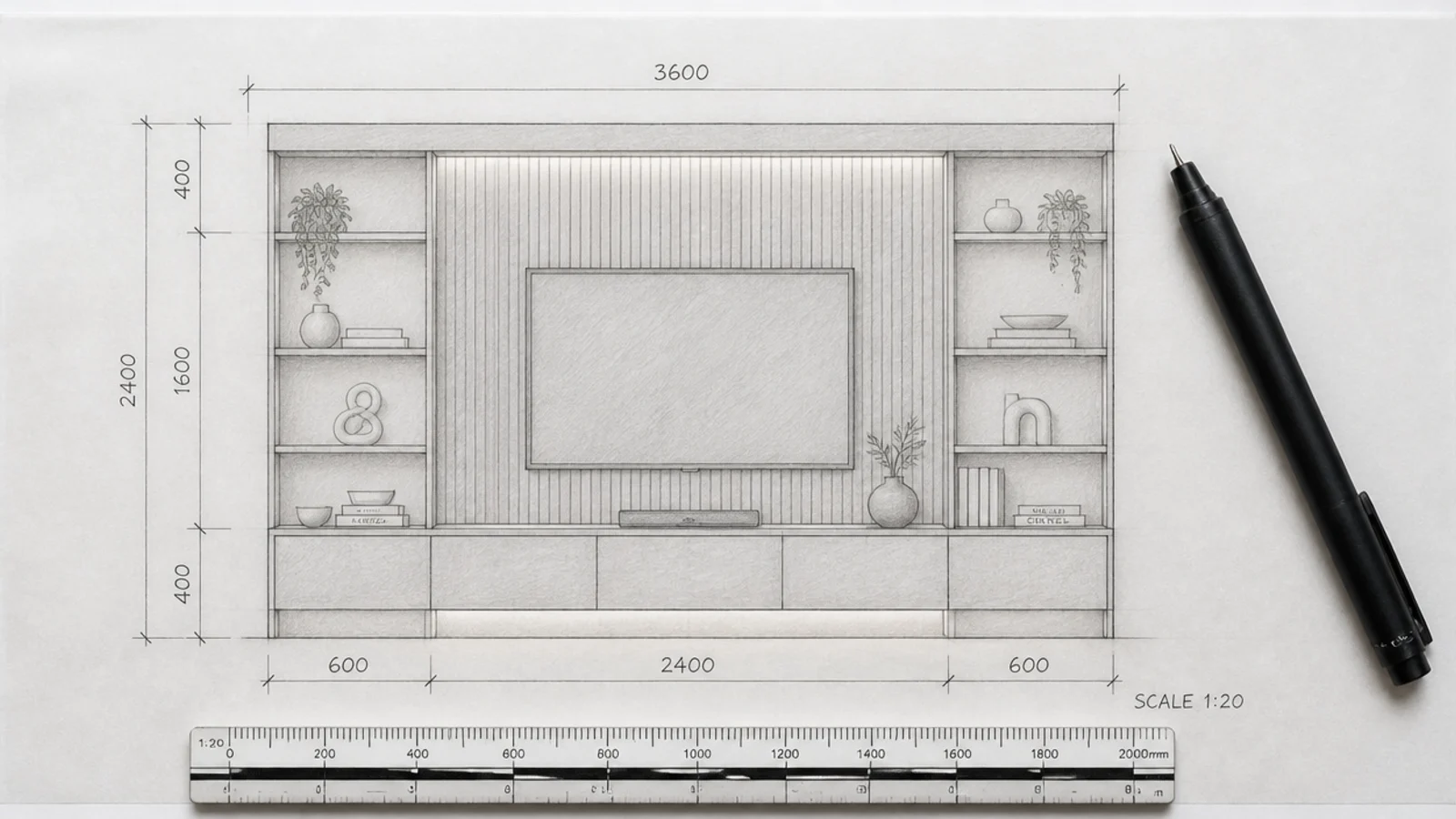 architect drawing of a media wall marked with heights and shadow gaps