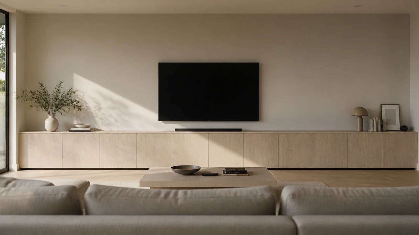 single unbroken media cabinet running the full width of a living wall