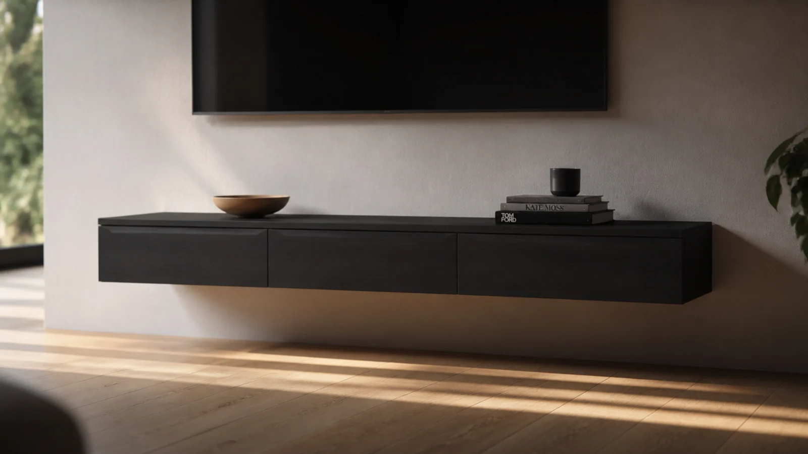 wall hung media unit with unbroken oak flooring running underneath it