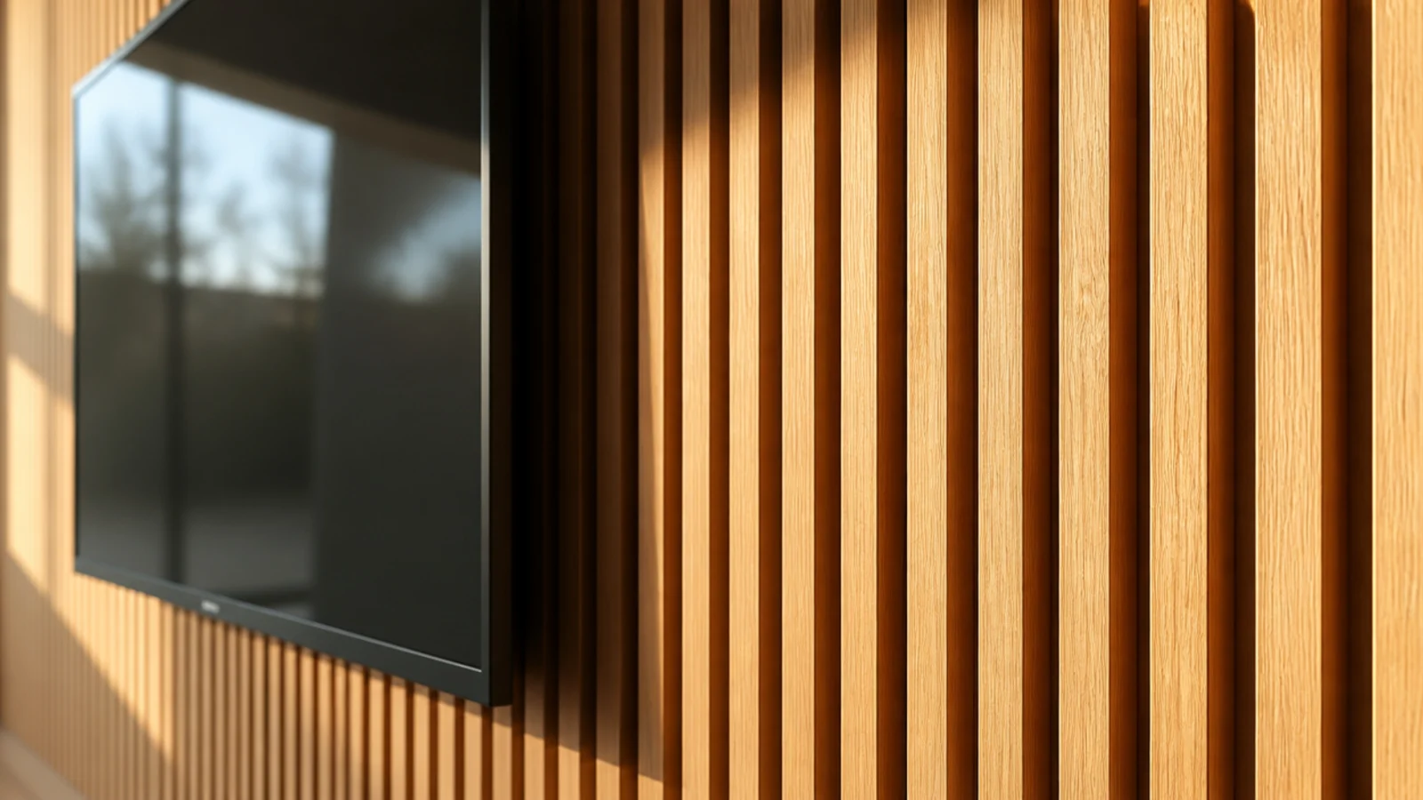 fluted oak wall panelling framing a dark screen in a modern room