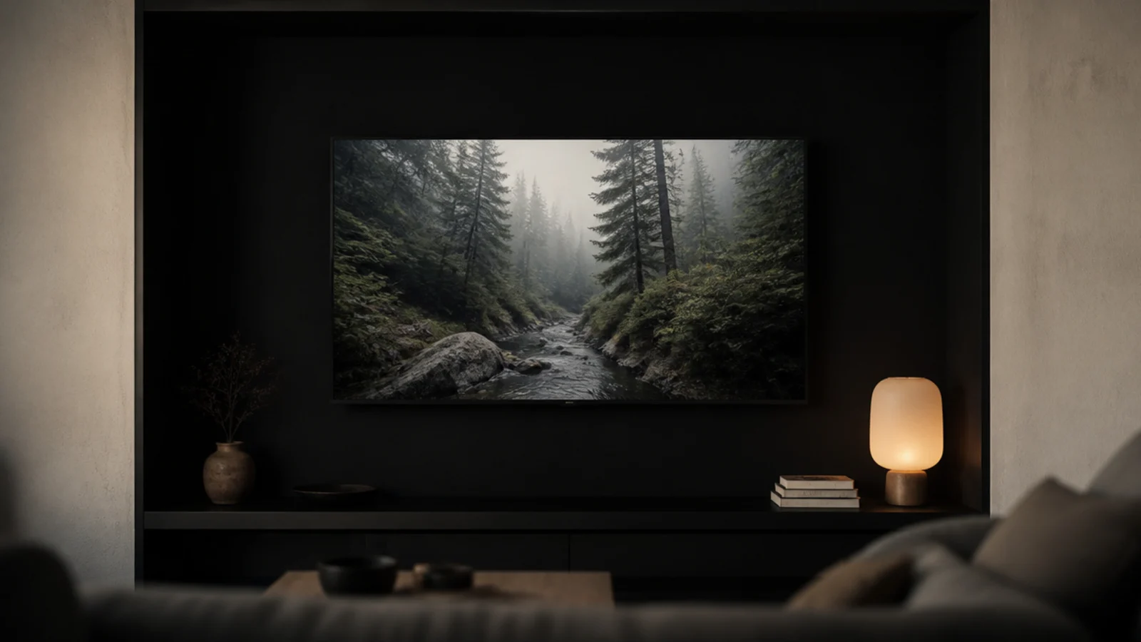 black painted recess around a television making the panel disappear