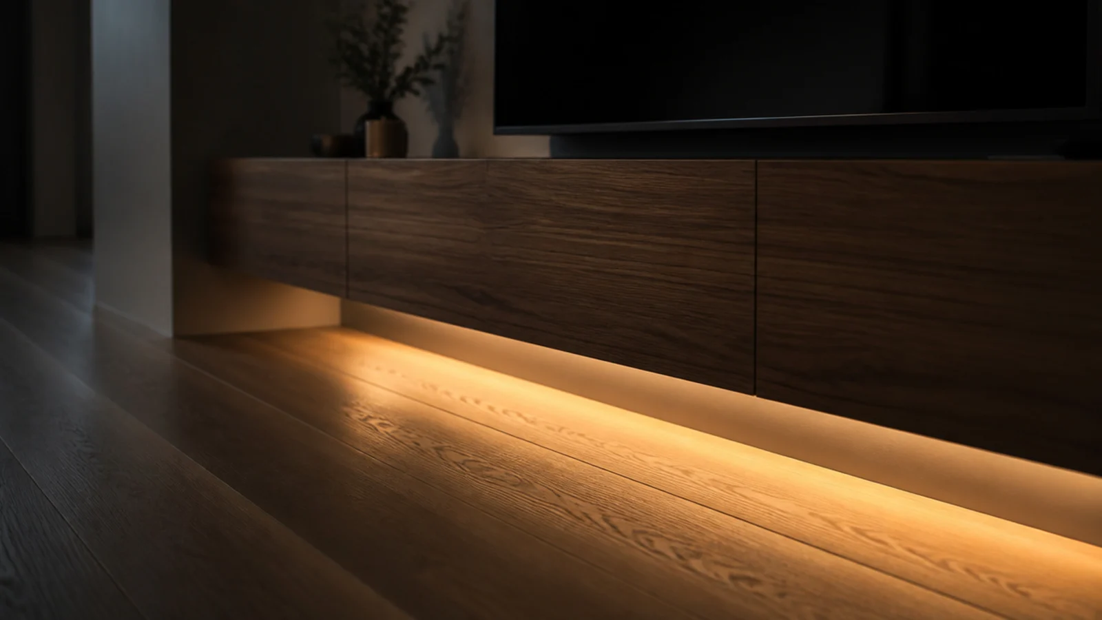 warm linear light spilling from under a floating unit onto floorboards