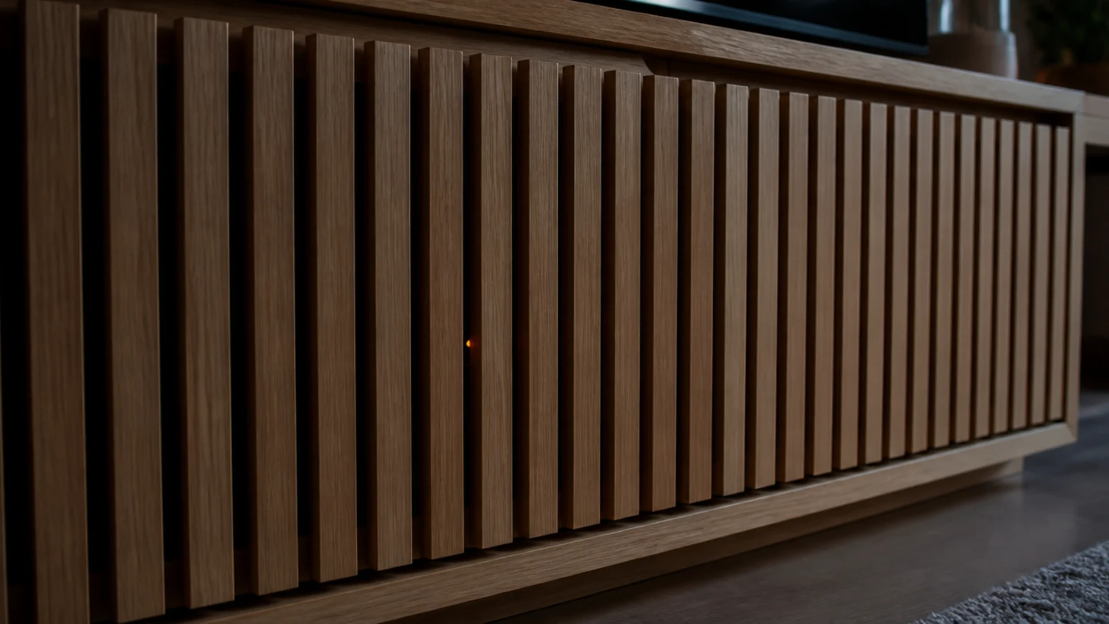 slatted timber cabinet doors with visible gaps between each batten