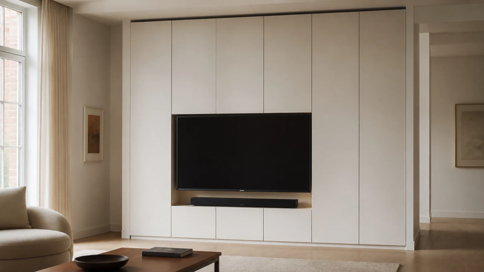 floor to ceiling media joinery stopping short of the ceiling line