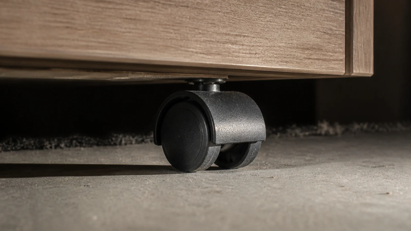 small black castor tucked under the base of a media cabinet