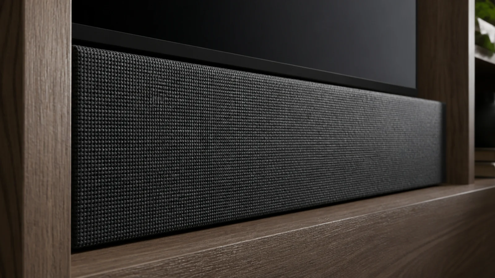 woven speaker fabric panel set into a media unit below a screen