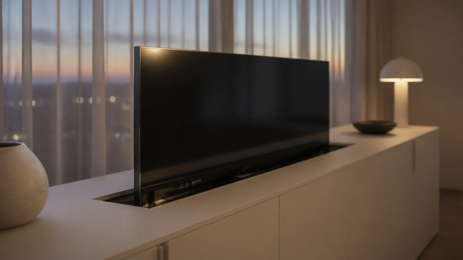 television rising out of a low cabinet top on a lift mechanism