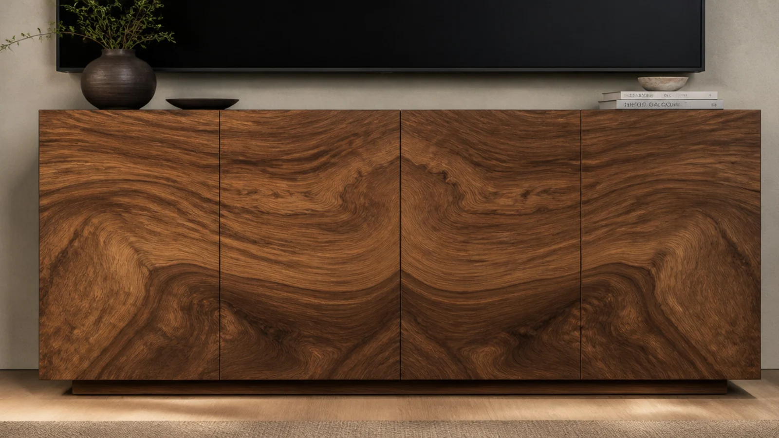 cabinet doors cut so the timber grain runs straight across the run