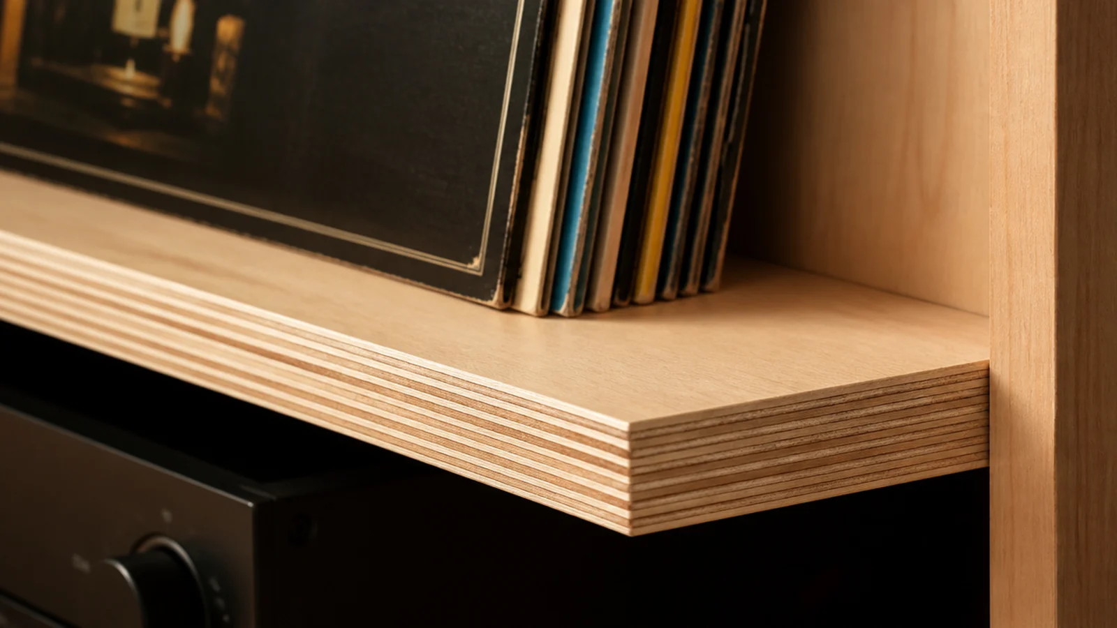 birch plywood shelf edge visible inside an open modern media bay