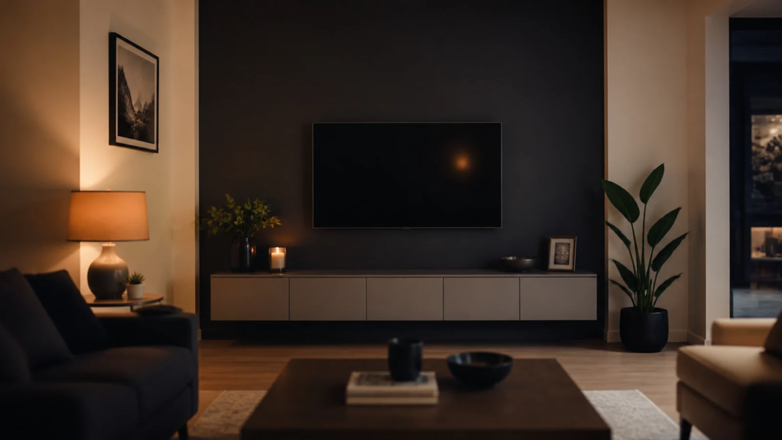 deep charcoal painted wall behind a screen with lighter side walls