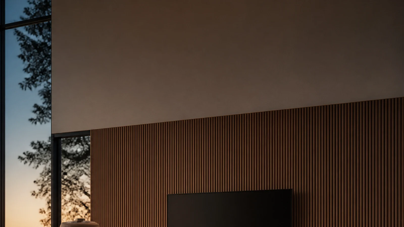 tall modern TV unit decor scene with floating cabinet and fluted wall panel