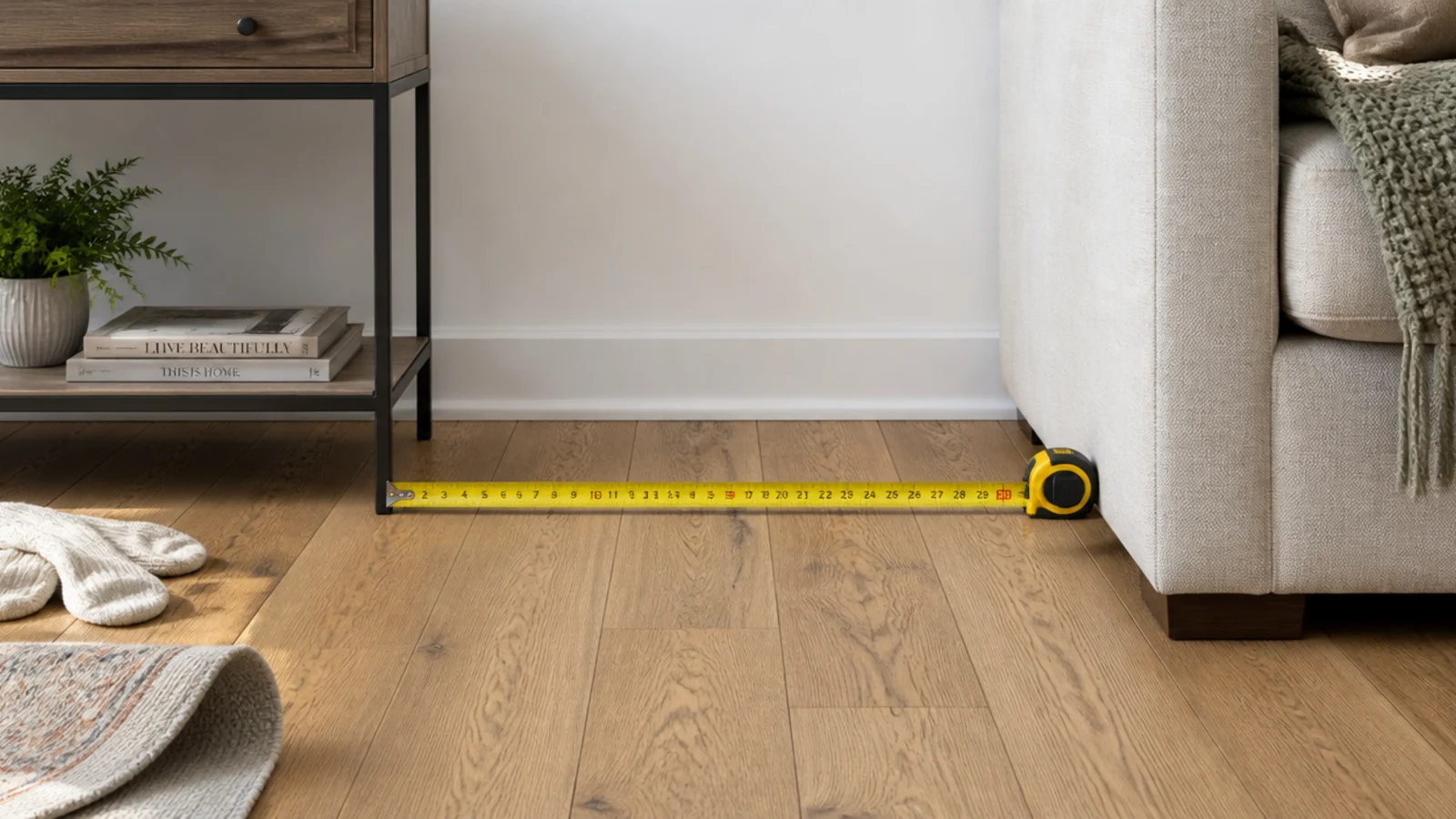 tape measure stretched across the walkway in front of a media console