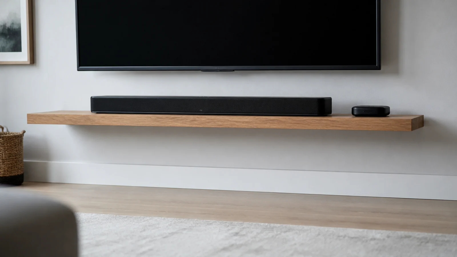 single floating shelf under a wall mounted screen holding two devices