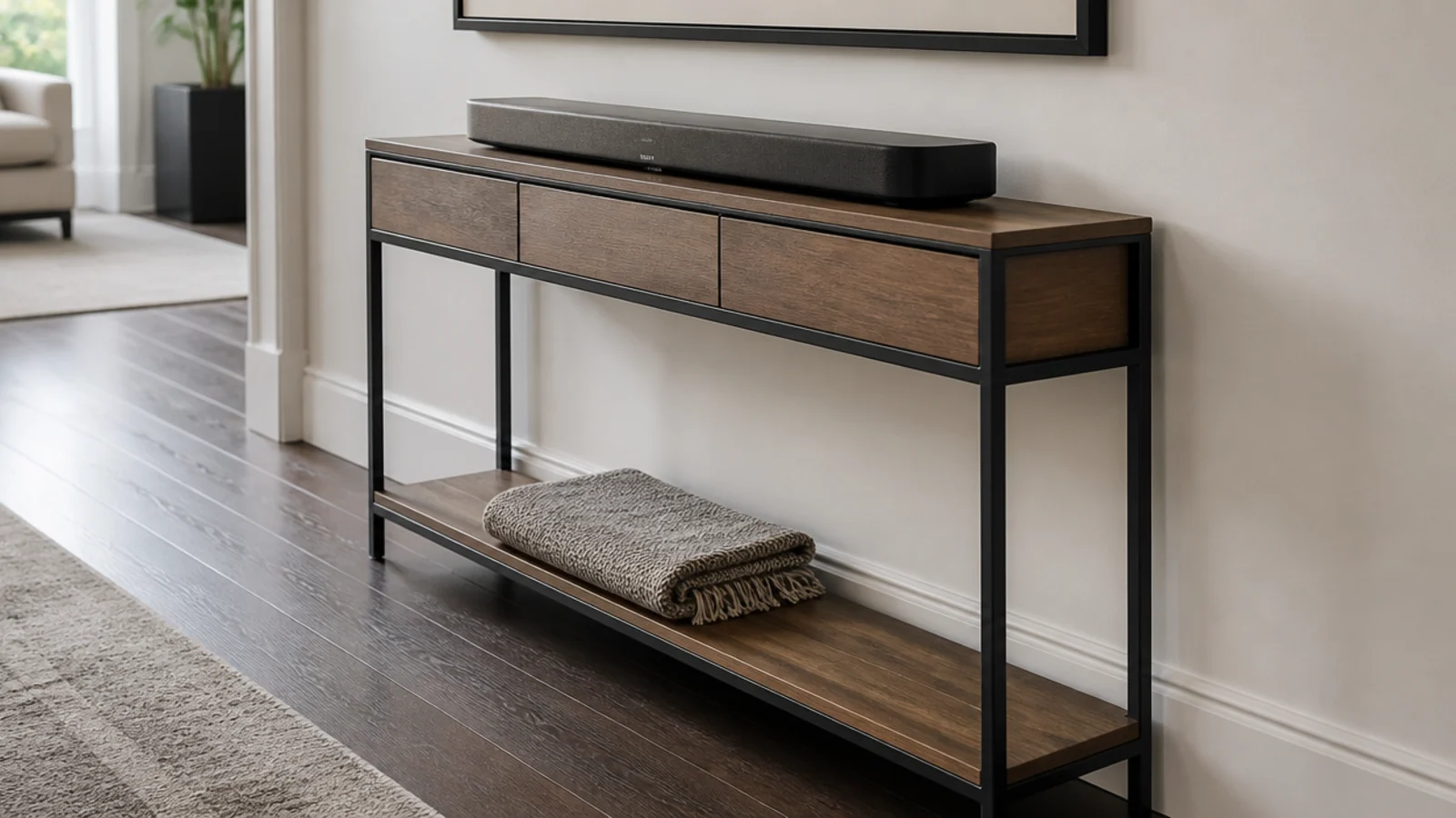 shallow twelve inch console standing against a small living room wall
