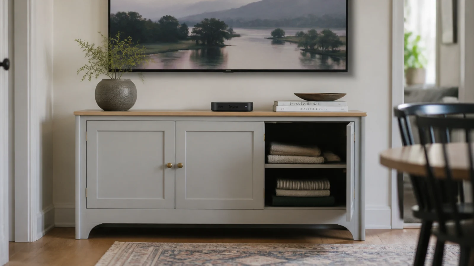 narrow sideboard holding media gear and household storage together