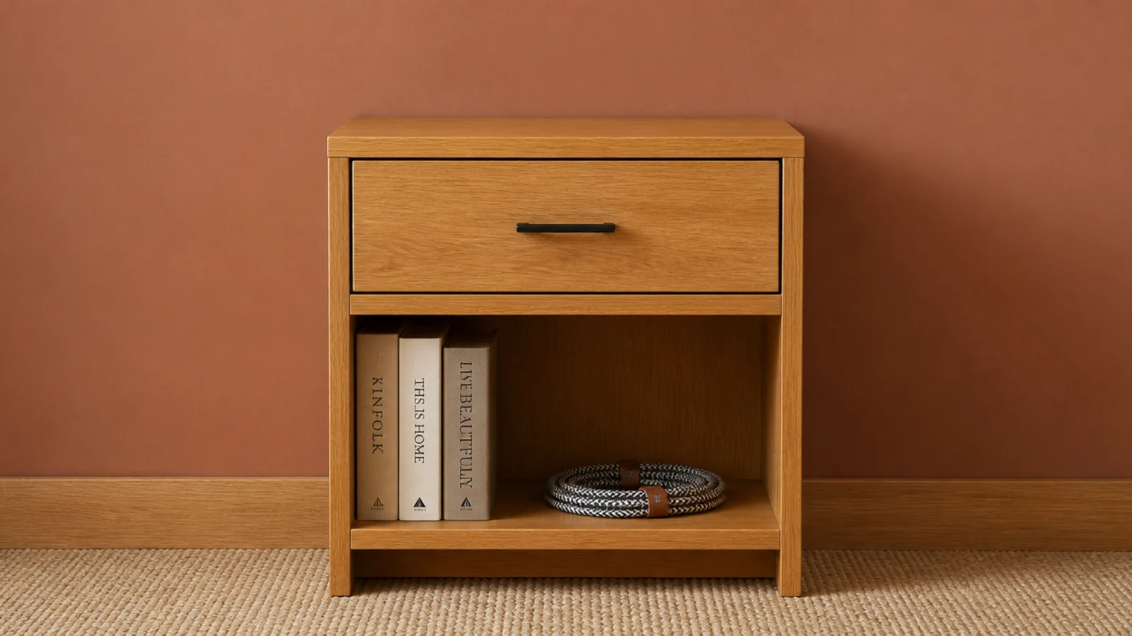 compact unit combining a closed drawer over an open lower shelf