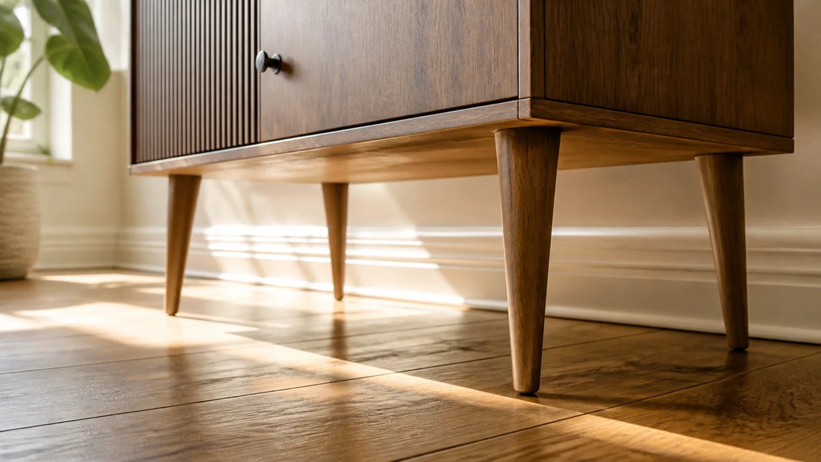 small media cabinet raised on slim tapered legs above the floor