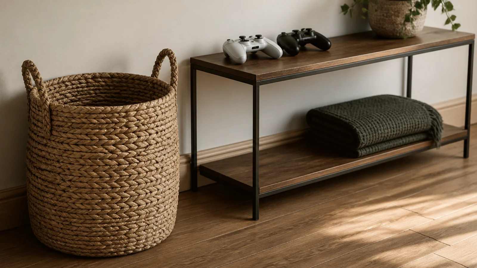 single woven basket beside a console holding blankets and controllers