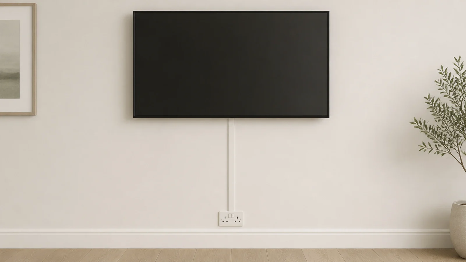 slim cable raceway painted the wall colour running down to a socket