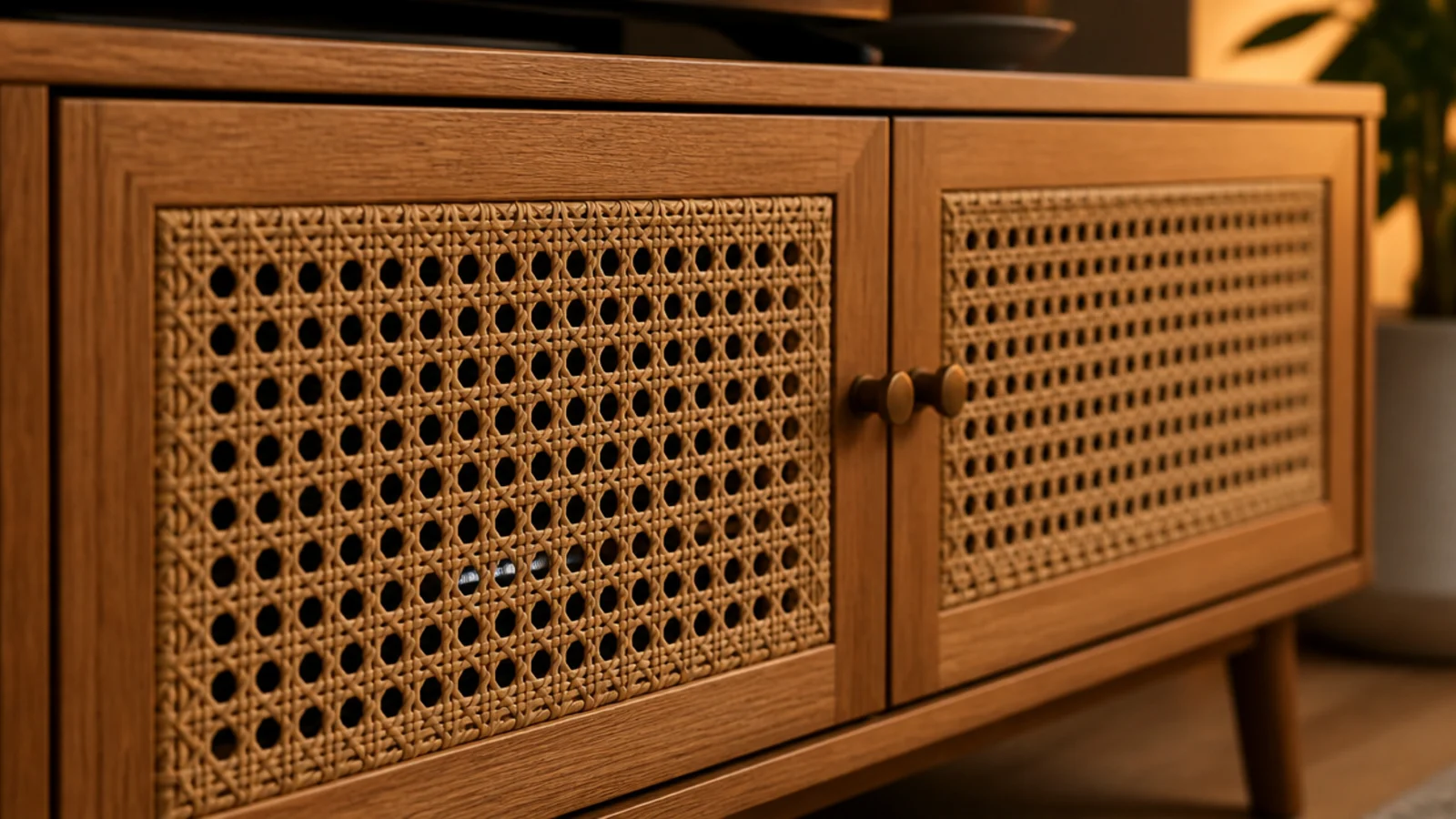 cane fronted doors replacing glass on a small media cabinet