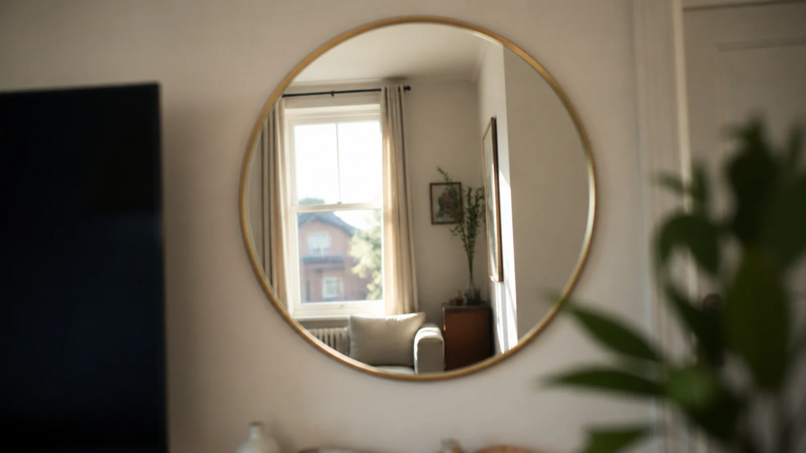 round mirror on the wall facing a television reflecting daylight