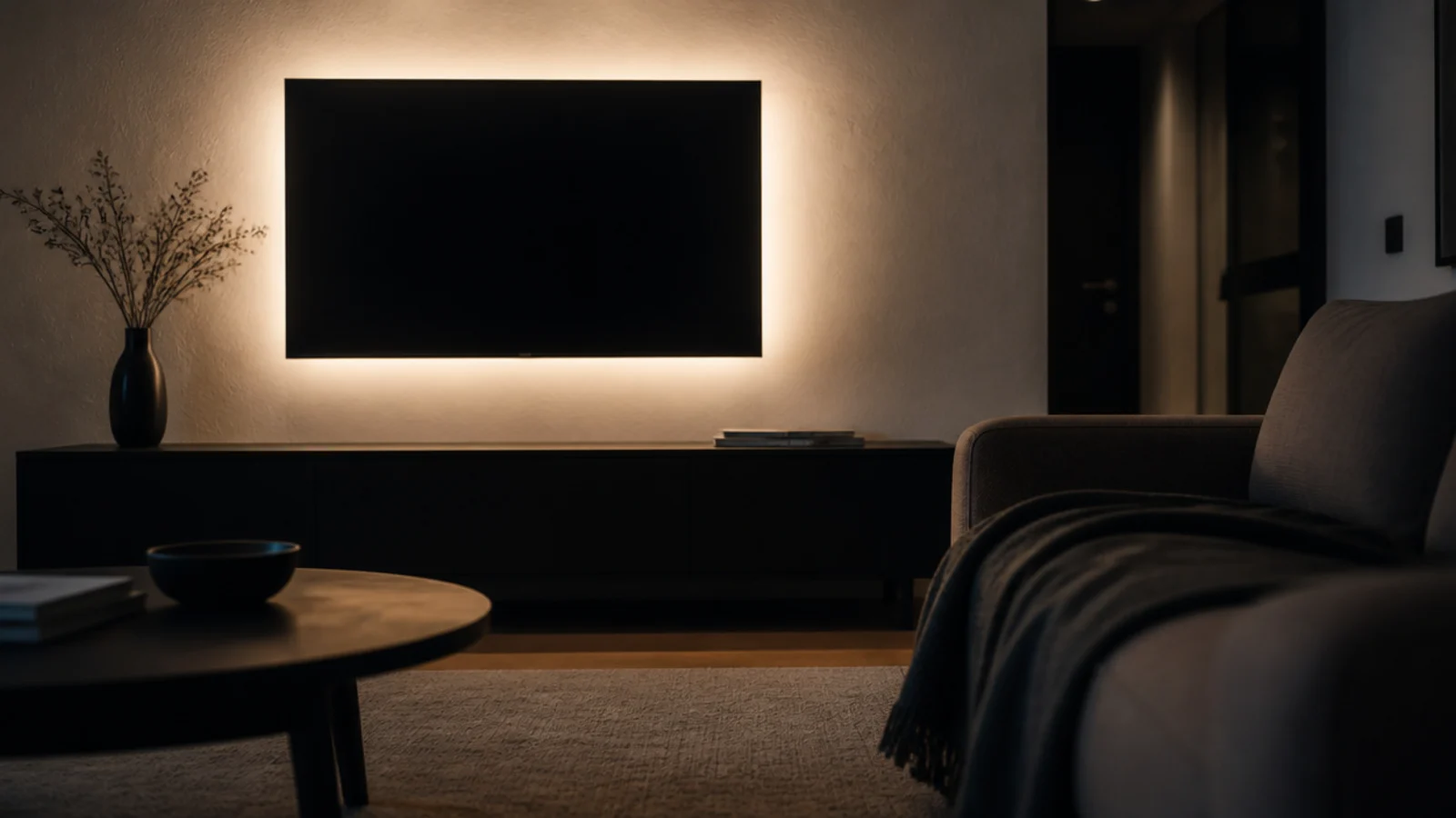 soft glow behind a screen lighting a small room in the evening