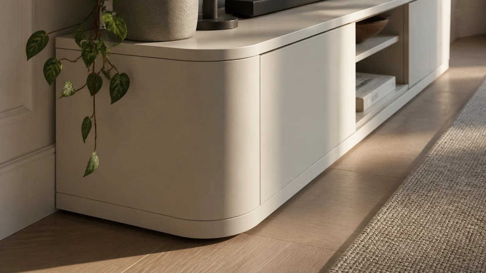 media unit with softly rounded corners beside a narrow walking route