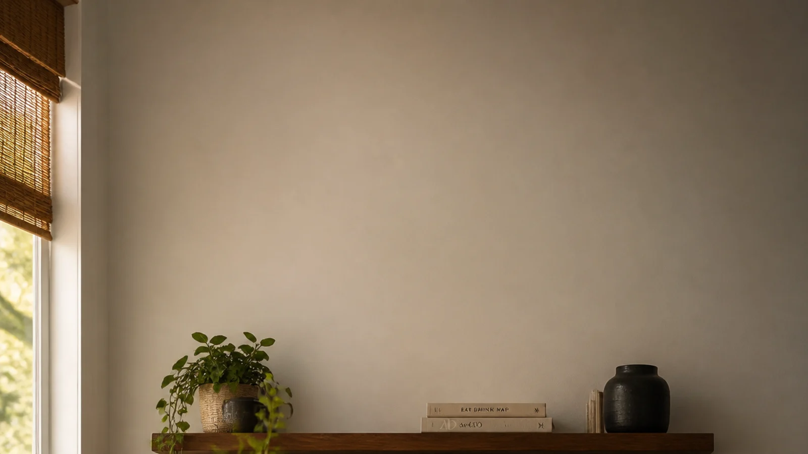 tall view of simple TV unit decor in a small room with floating shelf