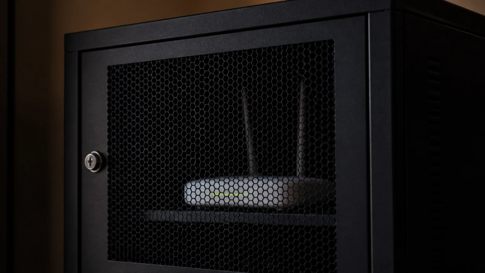 router hidden behind a metal mesh cabinet door in a living room
