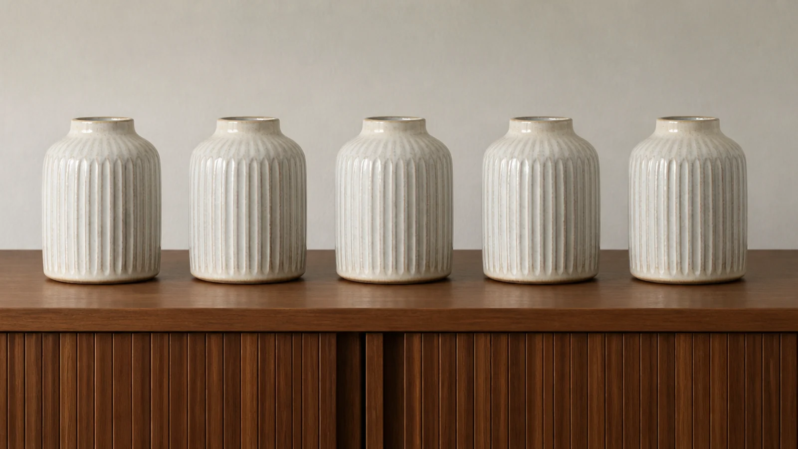 row of objects all the same height lined up on a cabinet top