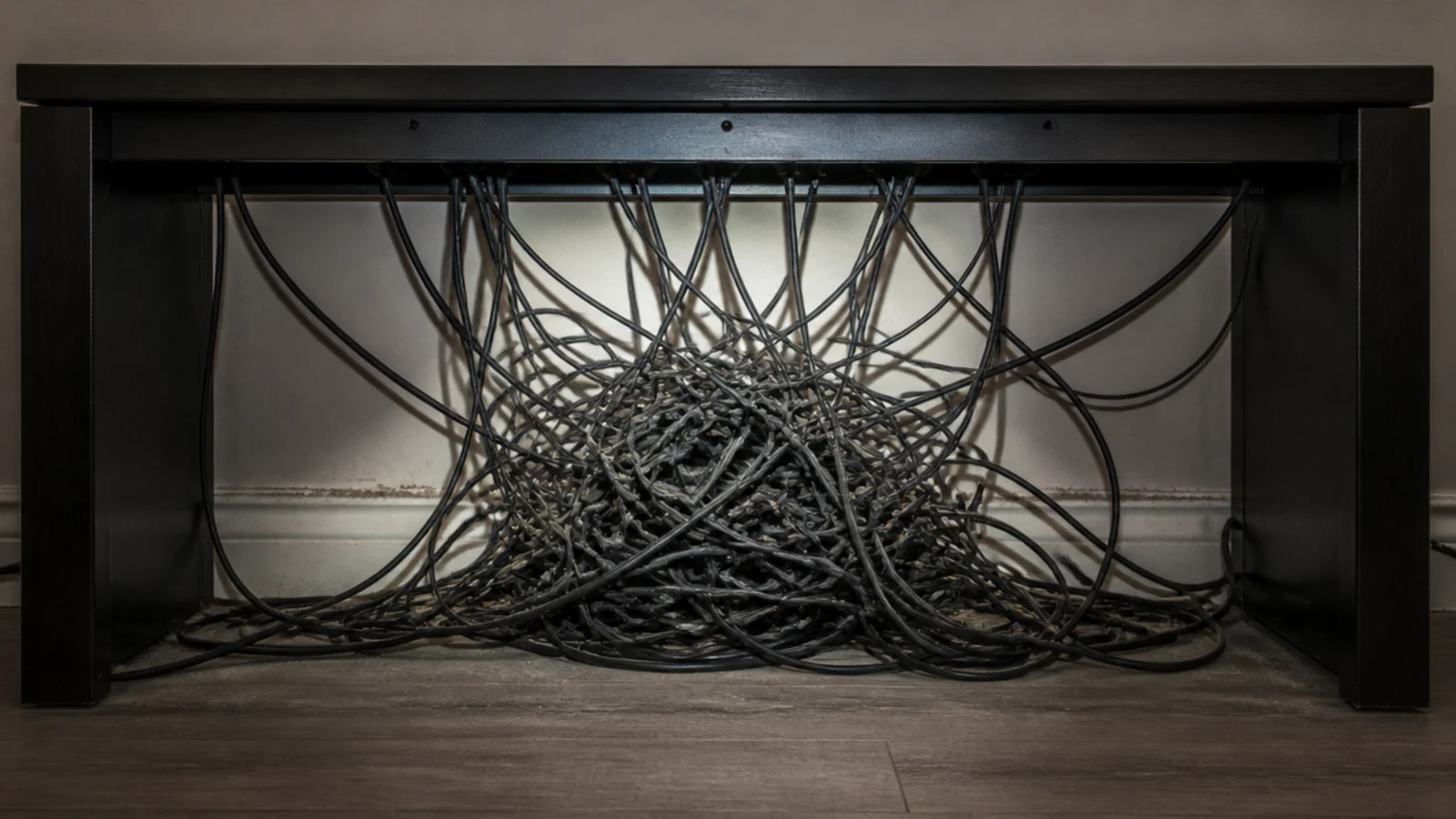tangle of unlabelled black cables behind a pulled out media unit
