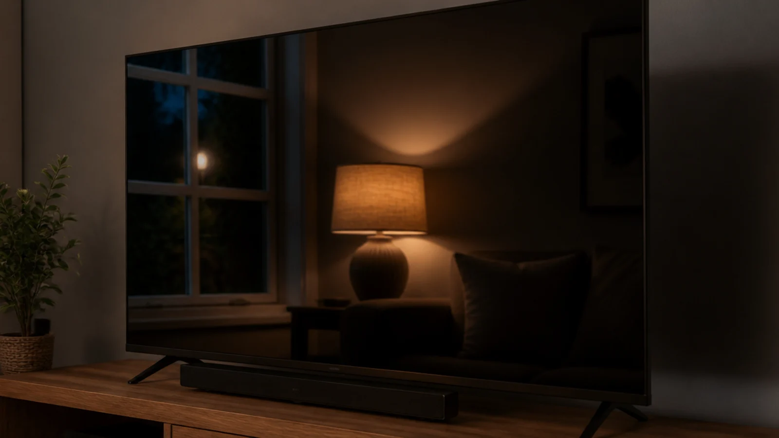 table lamp reflected clearly in the dark surface of a television