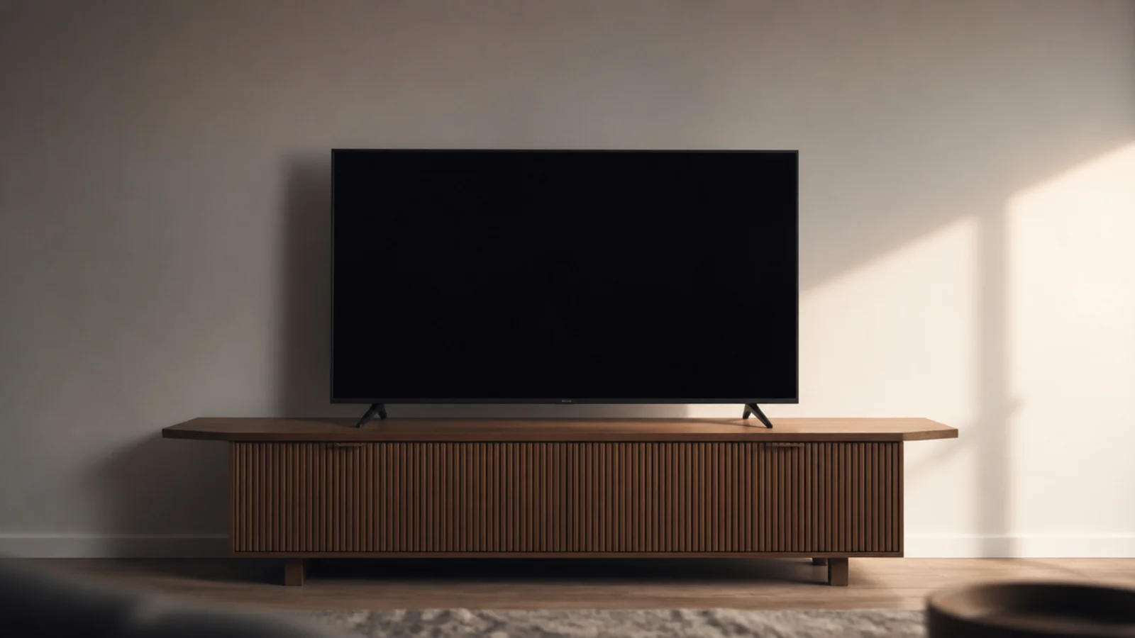 television overhanging both ends of a narrow media cabinet