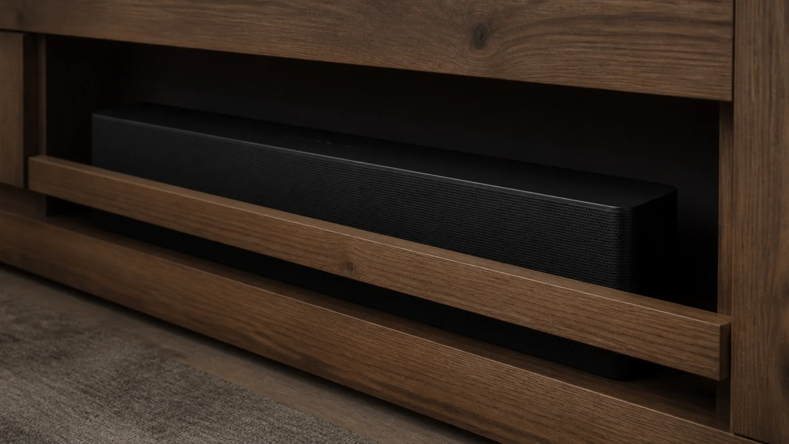 soundbar recessed deep inside a cabinet niche behind a front rail