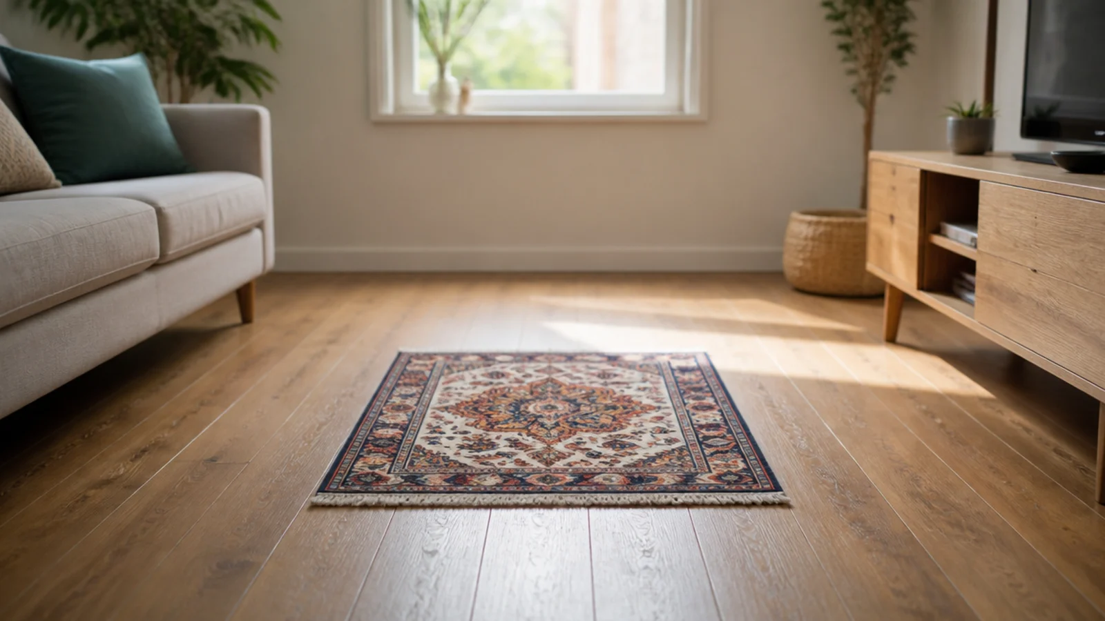 small rug floating in the middle of a living room floor