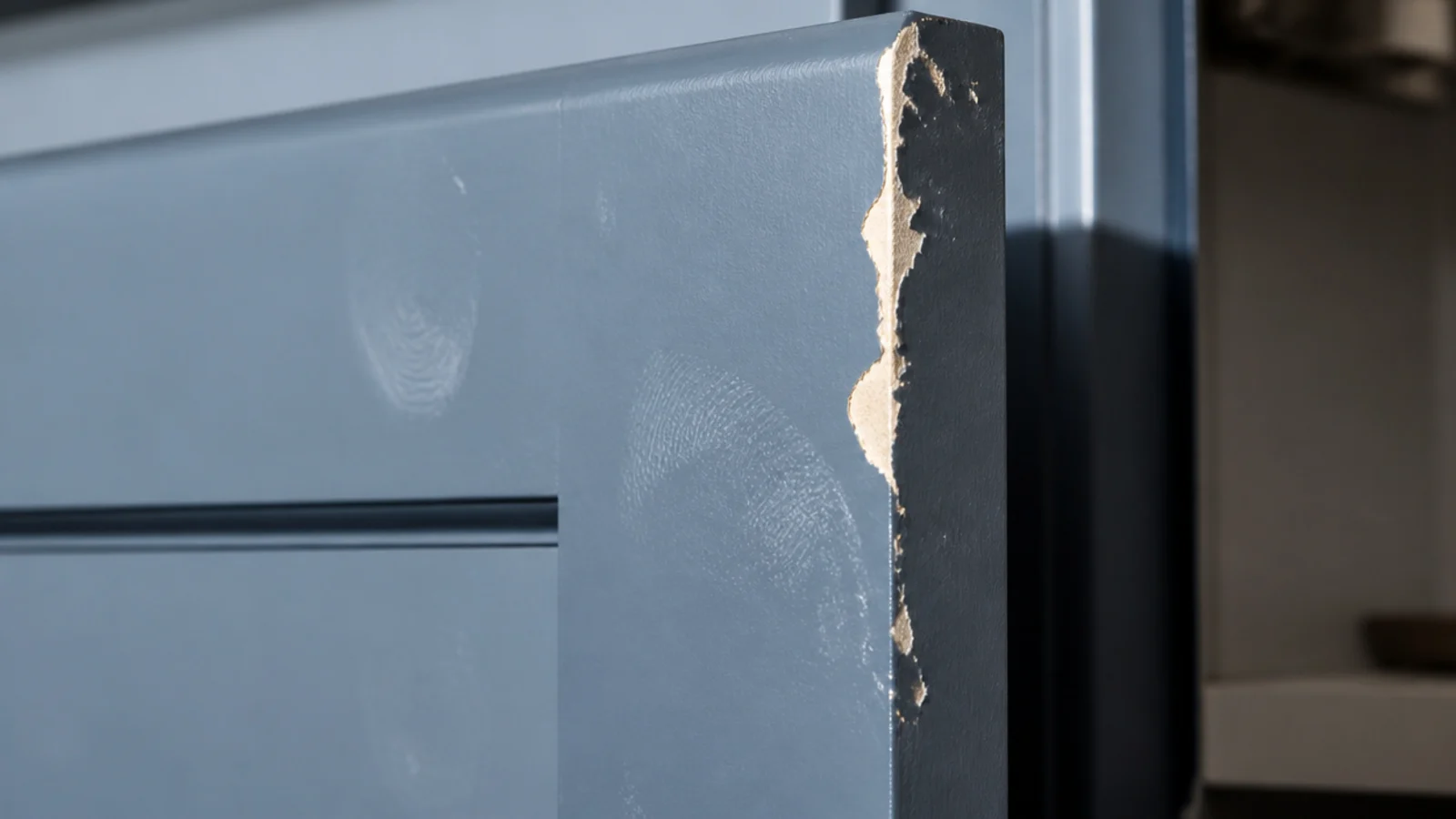 painted cabinet edge chipping away to reveal laminate underneath