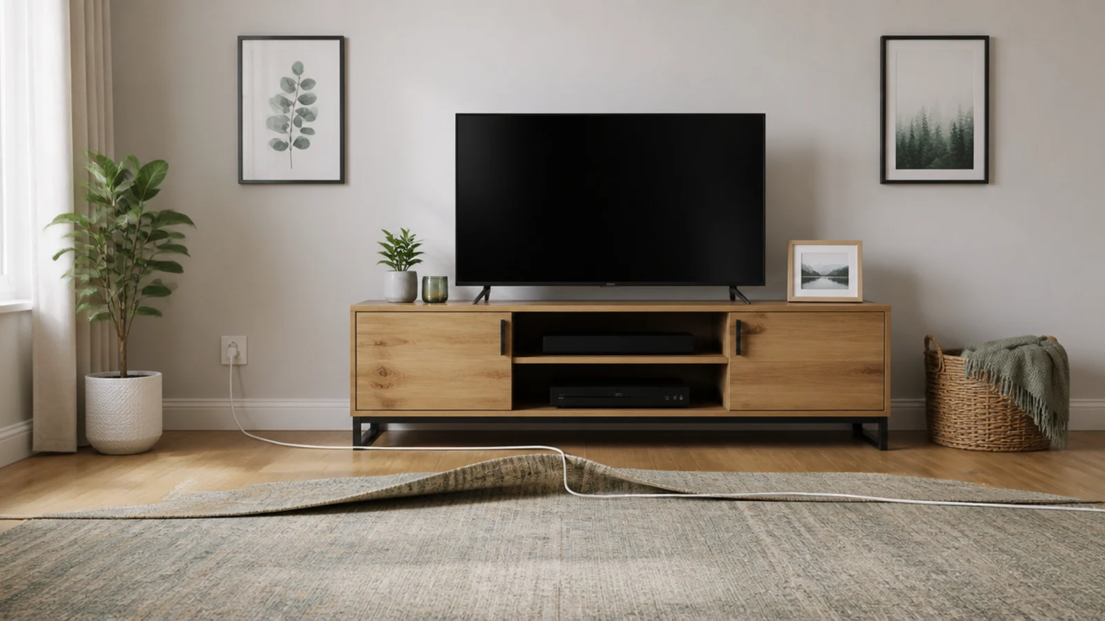 extension lead trailing across a floor from a distant wall socket