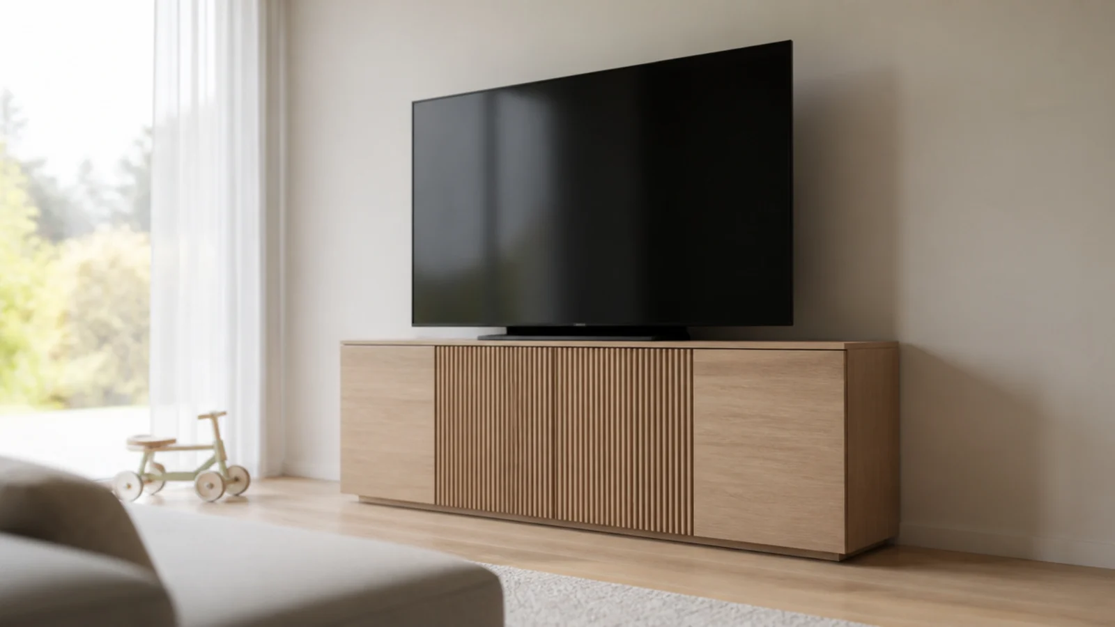 tall media unit standing unsecured with a large screen on top