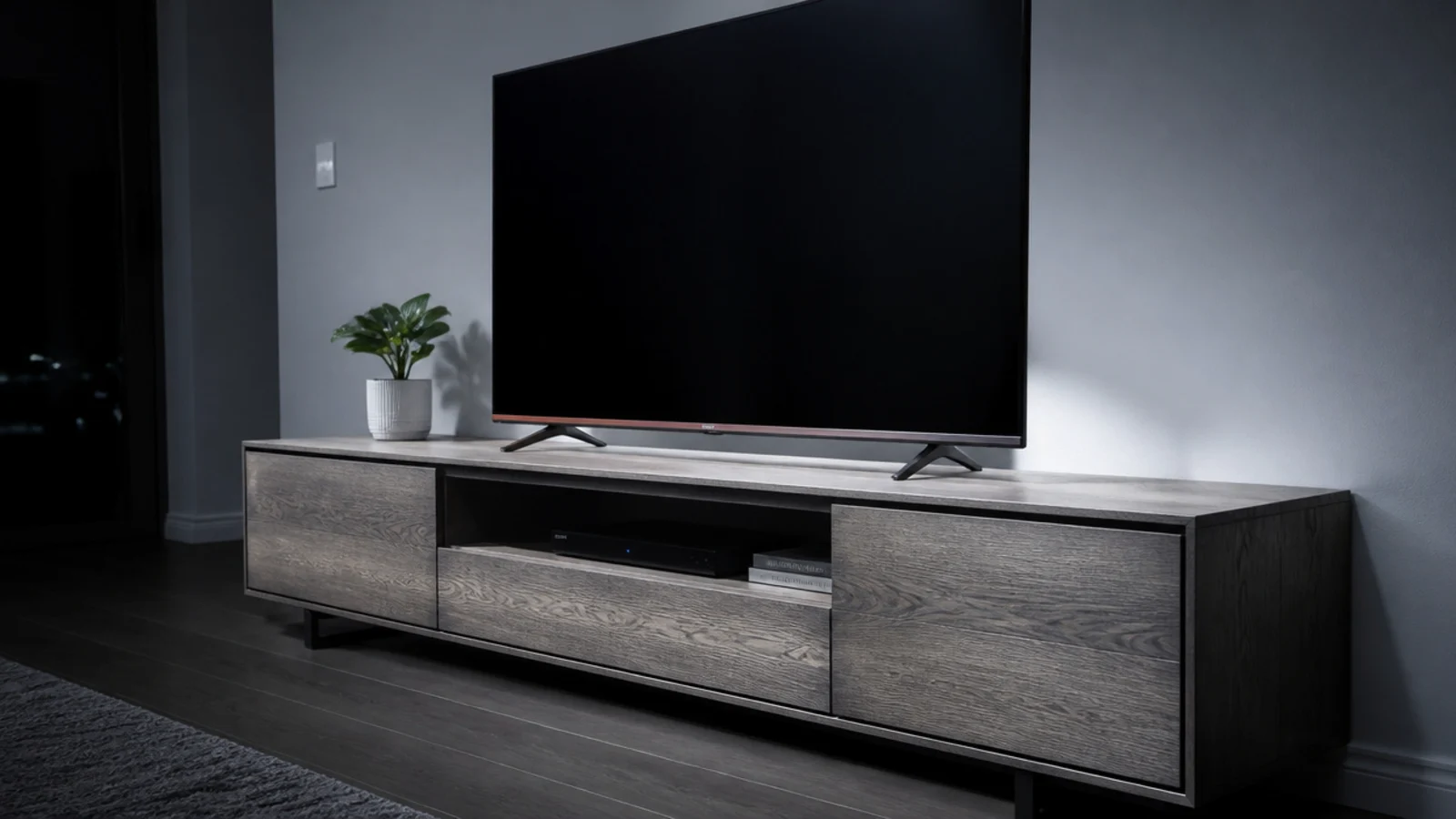 cool white lamp light making a timber media unit look grey