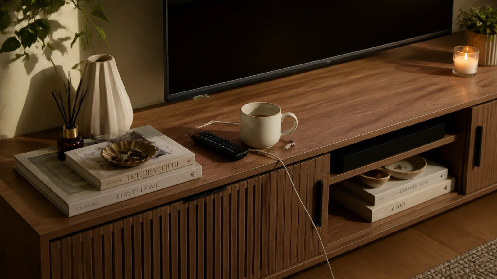 styled media unit with a remote and mug spoiling the arrangement