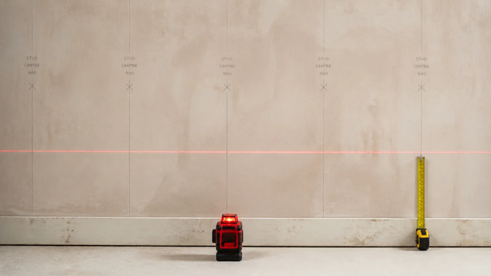 chalk lines and stud marks drawn across a bare wall before joinery starts