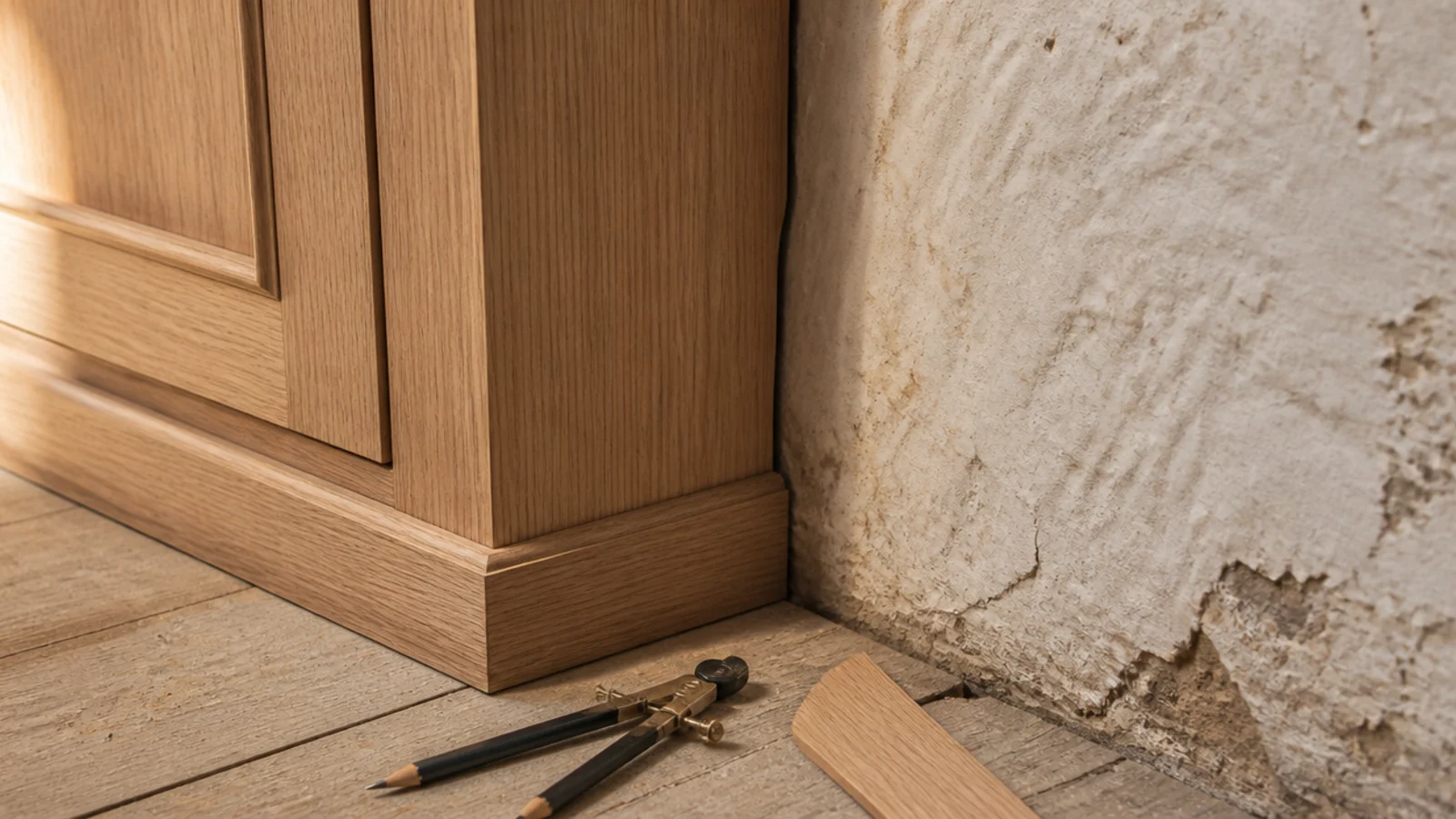 cabinet edge cut to follow the uneven curve of an old plaster wall